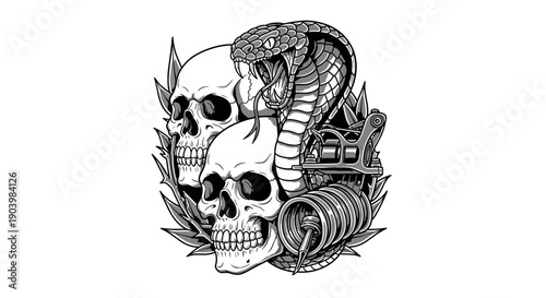 Cobra Snake and Skull Tattoo Design with Machine Vector Illustration
