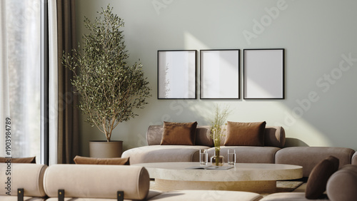 Three poster frame mock-up in modern lounge interior, 3d render
