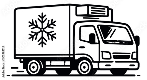 Line art illustration of a refrigerator truck depicting fast delivery for cold chain logistics