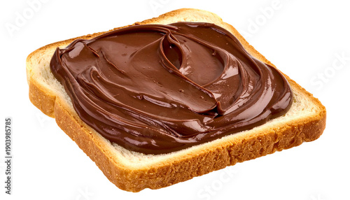 A slice of bread is spread with thick, smooth chocolate hazelnut cream