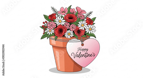 Vibrant Valentine's Day bouquet in terracotta pot with heart decoration