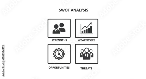 SWOT Analysis Diagram with Icons and Text.