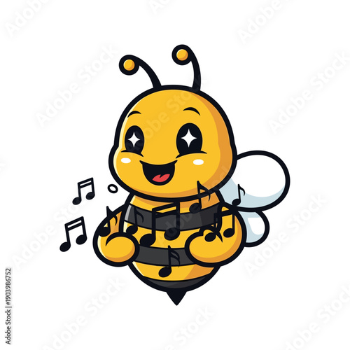 Cute Bee Singing Mascot Illustration with Music Notes and Happy Face on White Background