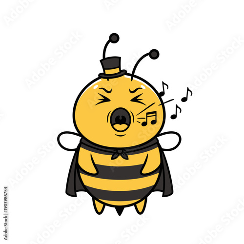 Cute Cartoon Bee Character Singing in Top Hat and Cape with Music Notes Isolated on White Background