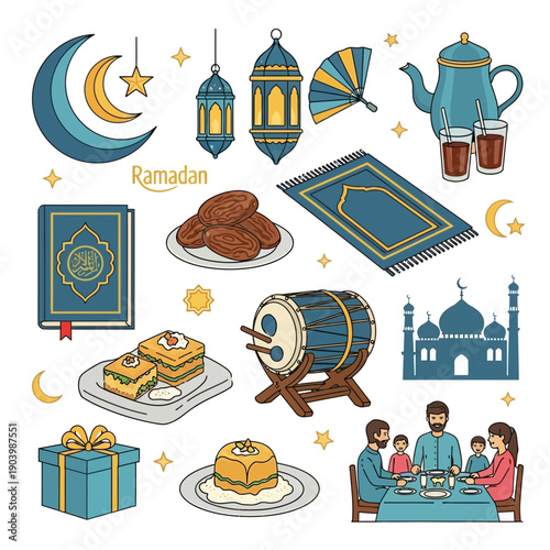 Ramadan Celebration Icons and Symbols in Blue Gold