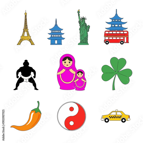 Colorful Icons of Landmarks, Symbols, and Cultural Representations