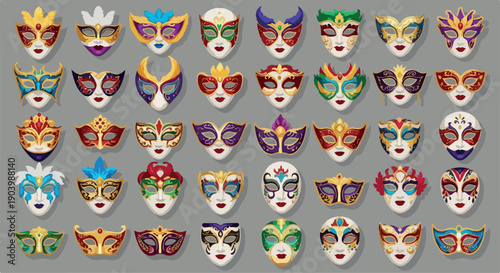 Colorful array of decorative animal masks on a gray background, showcasing various designs and patterns in a flat lay composition.
