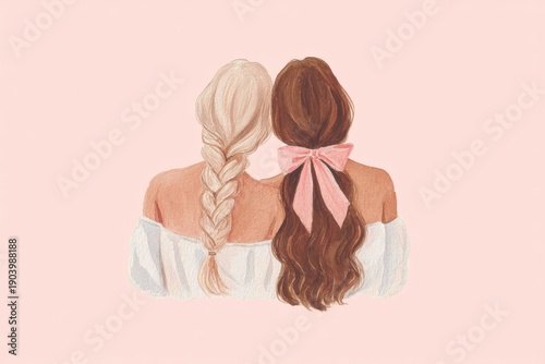 Two young women with long hair, one with a braid and the other with a pink ribbon, seen from behind against a soft pink background, best friends