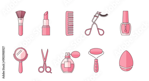 Collection of pink beauty and makeup tools on a clean white background with a flat lay composition.