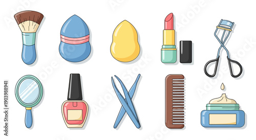 Flat lay illustration of various beauty and cosmetic tools and products, including a makeup brush, hair dryer, nail polish, scissors, and more, arranged on a plain white background.
