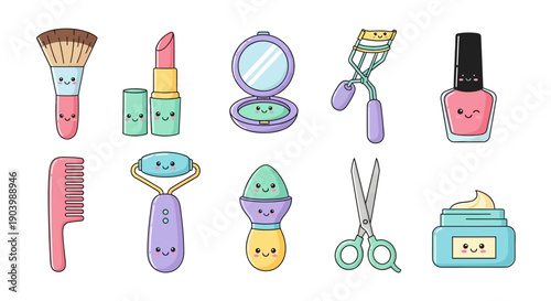 Flat lay of various colorful cartoon beauty and makeup tools, including brushes, combs, and devices for skincare and haircare on a clean white background.
