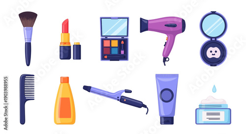 A colorful collection of various beauty and beauty tools and tools on a clean white background.