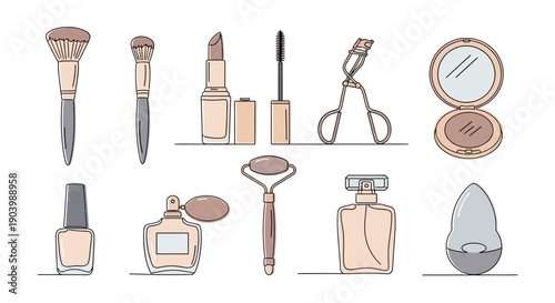 A collection of various makeup and beauty products arranged in a flat lay on a clean white background, featuring items like makeup brushes, nail polish, lipstick, and a compact mirror.
