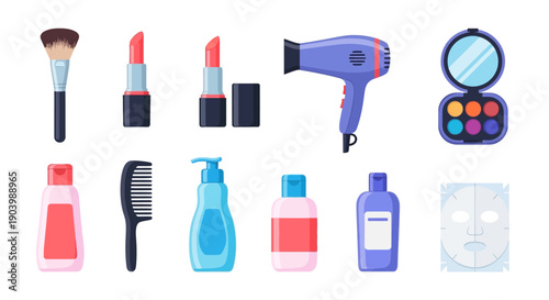 Flat lay of various beauty and beauty tools, including a hair dryer, makeup brush, lipstick, and skincare products, against a clean white background.