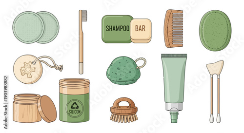 Flat lay of various eco-friendly natural skincare and beauty products, including facial cleansing brush, electric face massager, and other tools on a clean white background with a calming
