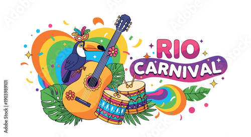 Vibrant illustration of a toucan with guitar and drum for Rio Carnival against colorful background with leaves and rainbow.