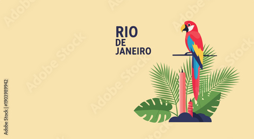 Vibrant parrot perched on branch with tropical leaves and Rio de Janeiro text on pale yellow background.