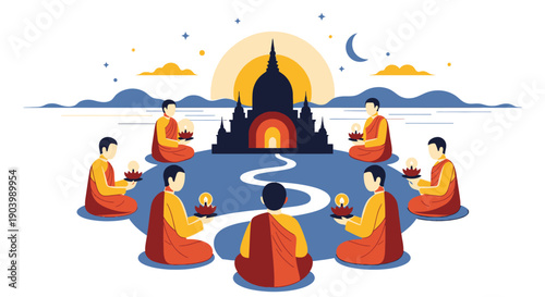 Buddhist Monks Meditating in a Circle.