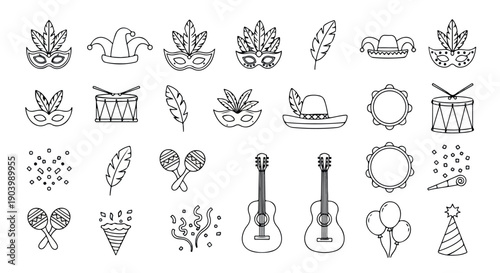 Collection of line illustrations featuring various cultural and festive icons including guitars, sombreros, maracas, and traditional Mexican symbols on a white background with a flat lay