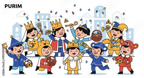 Cartoon Jewish Children Celebrating Purim Holiday.