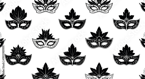 Monochrome pattern of ornate black carnival masks on a white background with a repeating design in a graphic illustration style.