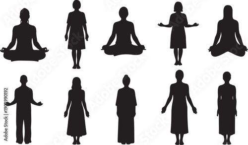 Silhouettes of people in various yoga poses and meditation