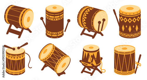 Collection of Traditional Drums with Stands.