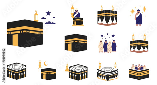 Kaaba Icon Set with Pilgrims and Symbols.