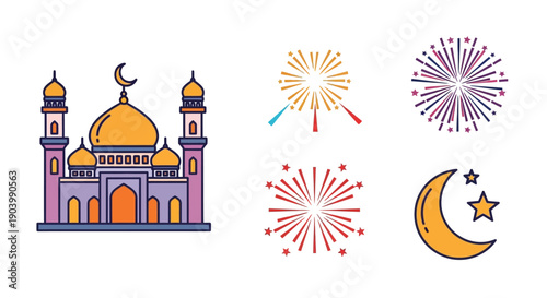 Mosque and Fireworks and Crescent Moon Icon Set.