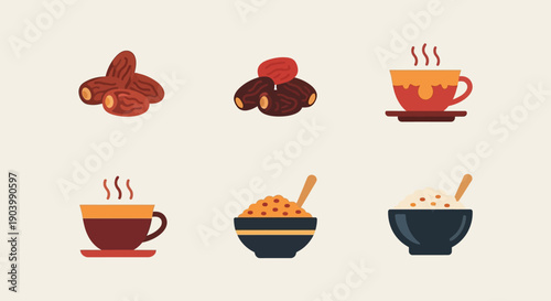 Assorted Breakfast Foods and Beverages.