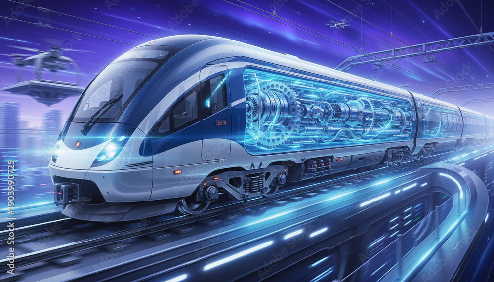 Fototapeta premium A futuristic high-speed train travels through a cityscape, showcasing its inner workings. The train is designed with modern and technological elements