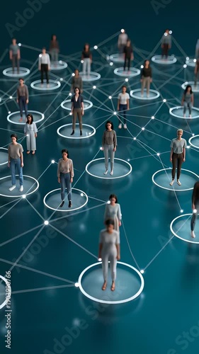 Diverse people standing on glowing nodes connected by lines in a teal 3D network animation, representing social inclusion and community concepts.