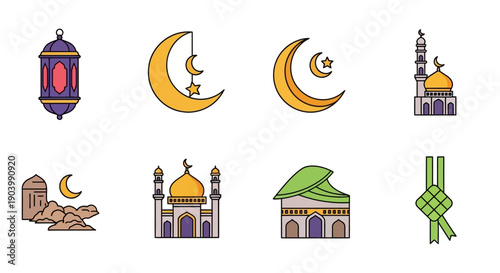 Islamic Symbols and Mosque Illustrations Collection.