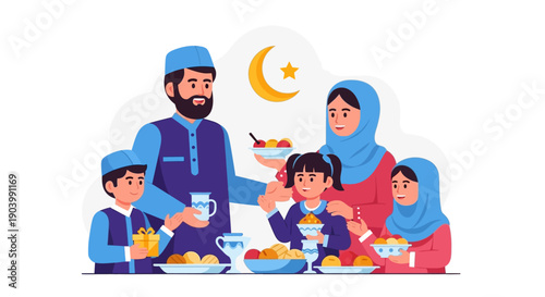 Family Breaking Fast Together During Ramadan.