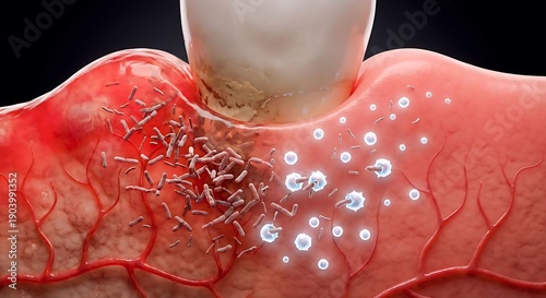 Inflamed gum infection with bacteria near tooth 3D medical render