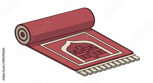 Prayer Rug Rolled Up with Arabic Calligraphy.