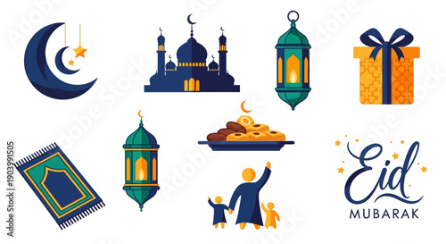 Eid Mubarak Islamic Symbols and Icons.