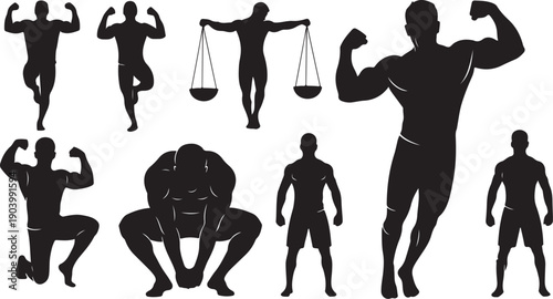 Silhouettes of muscular men in various poses and actions
