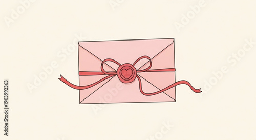 Romantic pink envelope with heart seal and red ribbon
