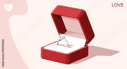 Elegant diamond ring in open red gift box on soft pink background with heart symbol