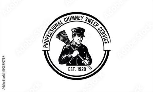 Vintage Chimney Sweep Service Logo with Professional Worker and Broom.