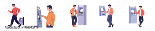ATM Banking Transaction Flat Vector Illustration Set Young Man Using Cash Machine