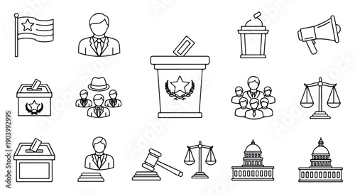 Collection of line icons related to government and law on a white background