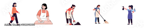 Professional Cleaning Service Woman Flat Vector Illustration Set Housekeeper Domestic Maintenance Routine