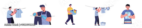 Laundry Service Man Washing Clothes Flat Vector Illustration Set Household Washing Routine
