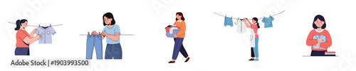 Home Laundry Woman Washing Clothes Flat Vector Set Drying Folding Household Apparel