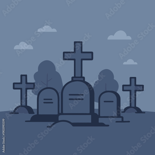 Flat vector illustration of graveyard with tombstones
