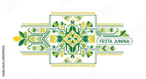Vibrant Festa Junina logo with green, yellow, and white geometric patterns and floral motifs on a white background.