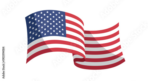 Waving American flag with red, white, and blue colors on a plain white background, symbolizing patriotism.