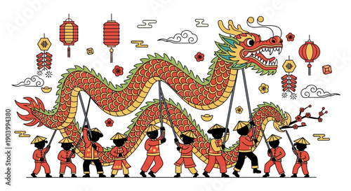 Traditional Chinese Dragon Dance Performance Team.